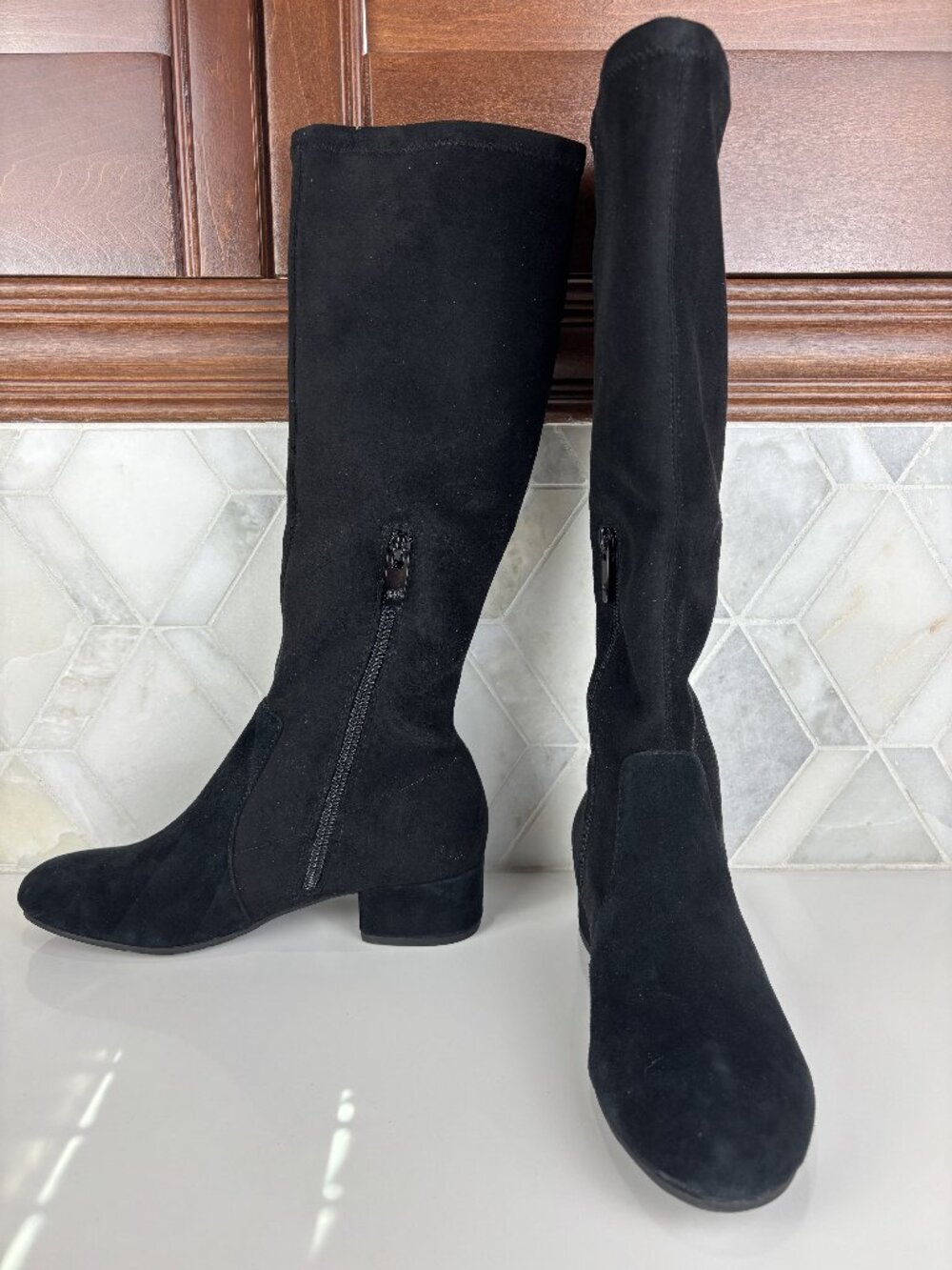 7 Dune London Topsy Black Suede Tall Boot Block Heel Round Toe Ankle Zip Leather